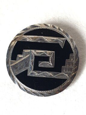 Vintage 1970s Mexican Sterling Silver Black Enamel Aztec Maze Brooch & Pendant